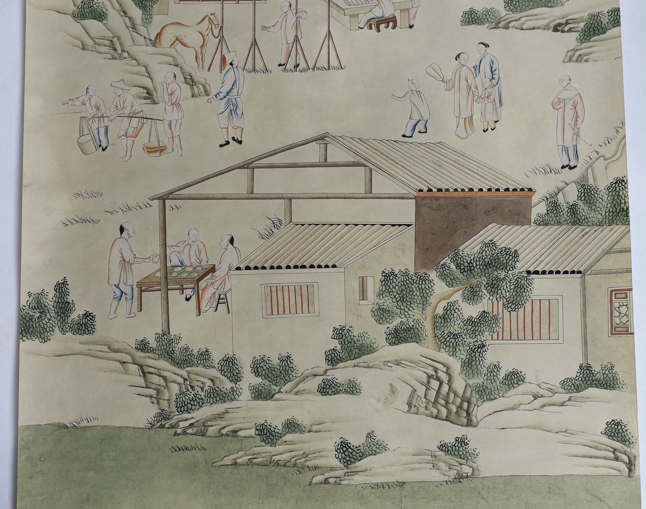 A Chinese painted wallpaper panel, c.1800, 148cm x 78cm